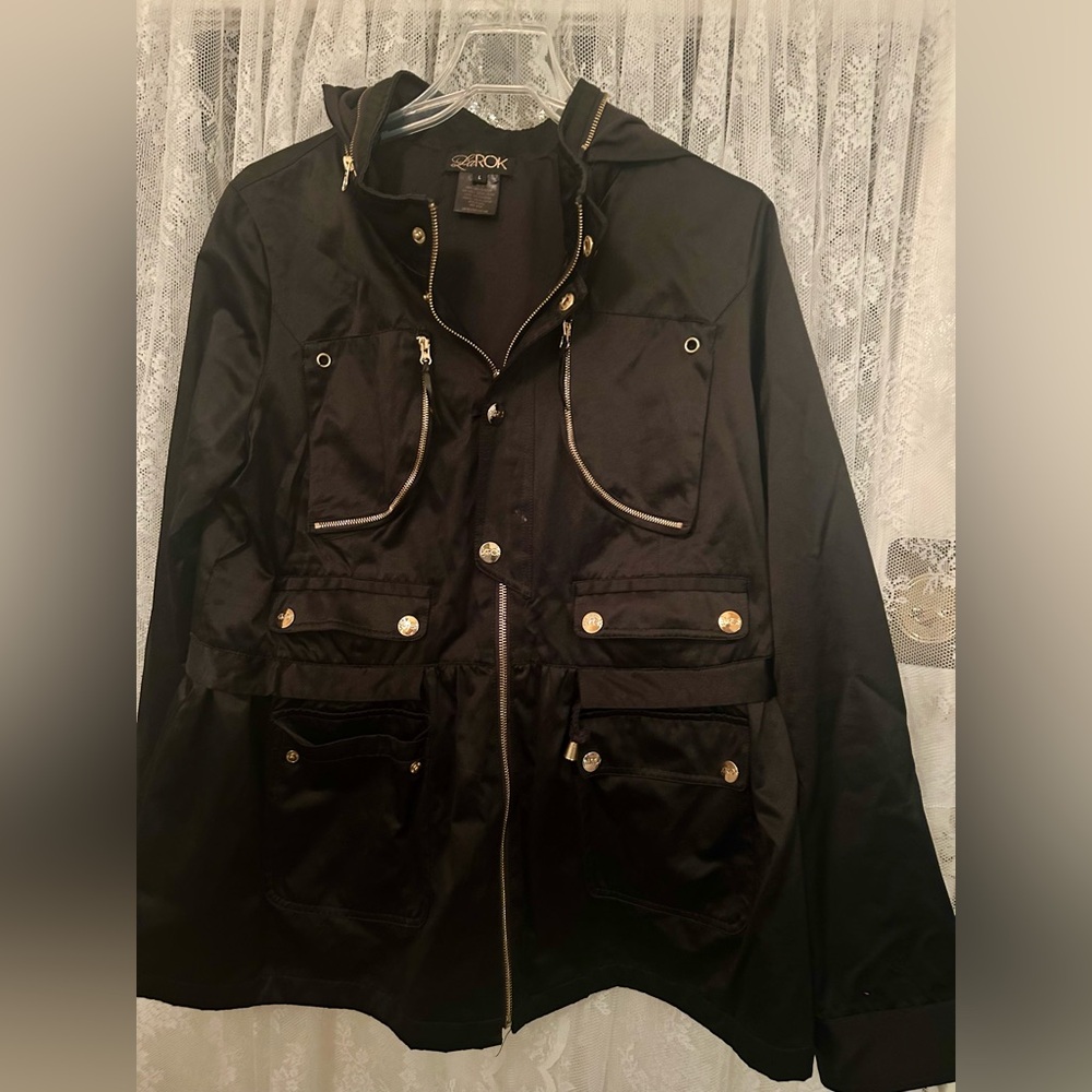 Vintage black satiny military-style jacket, size large